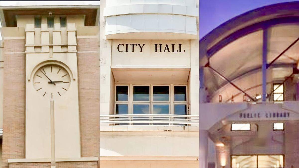 Keller Town Hall, the Colleyville City Hall and library and the Grapevine Public Library, from left.