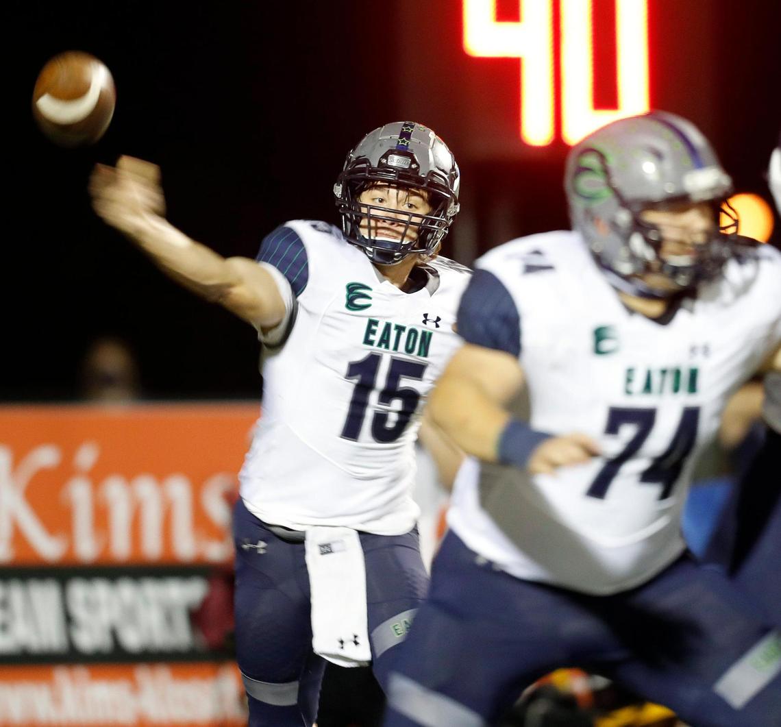 Eaton quarterback Braden St Ama (15) completes a pass down the sidelines during a high school football game at KISD Stadium in Keller, Texas, Thursday, Nov. 05, 2020. Eaton defeated Keller 21-10. (Special to the Star-Telegram Bob Booth)