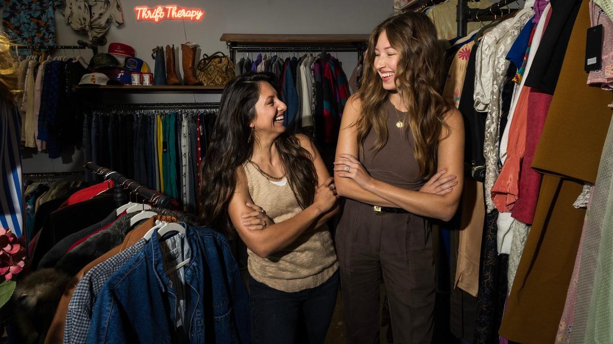 Sisters Dancing Iglesias, left, and Lily Mekeel, the co-founders of Flipstone Vintage & Thrift, are photographed in their store on White Settlement Road. They hope to use the store to raise awareness about sustainability and Indigenous people.