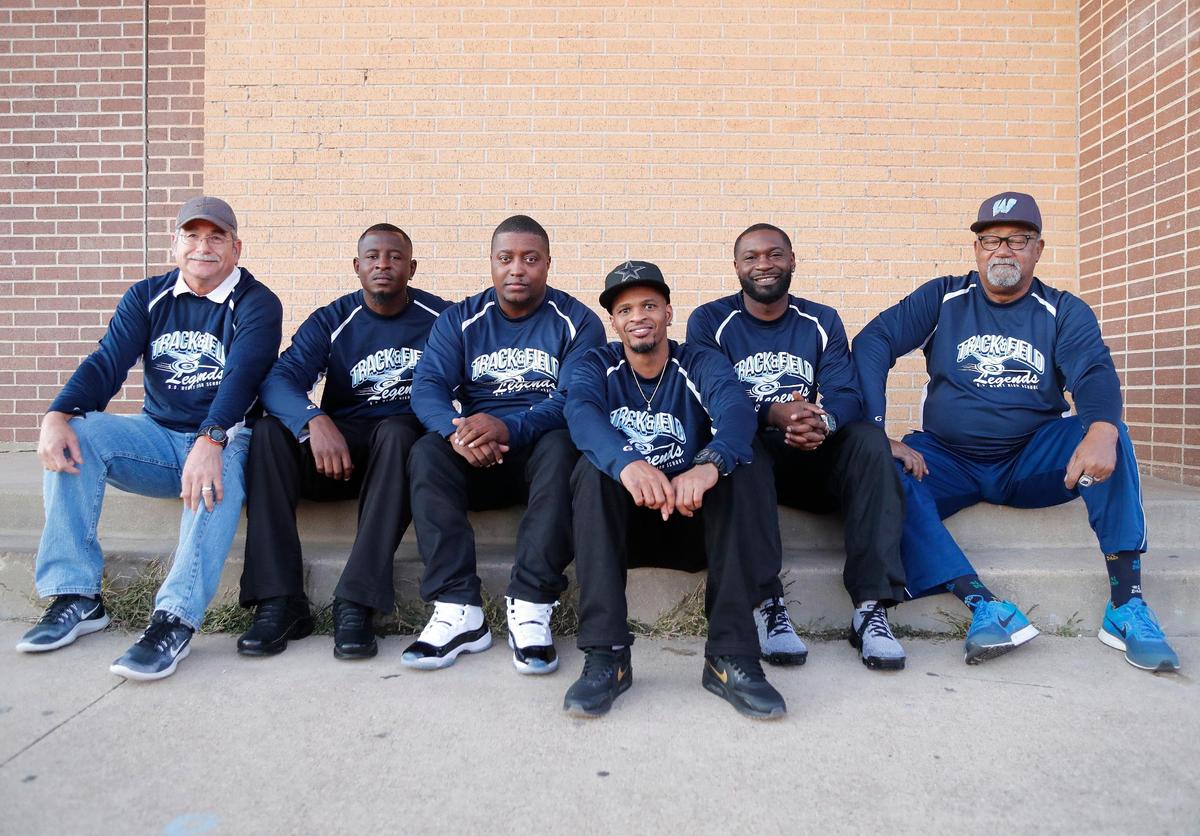 O.D. Wyatt retired asst. track coach Richard English and retired head track coach Lee Williams are photographed with the 1998 4x100 national record holders DeMario Wesley, Monte Clopton, Milton Wesley and Michael Franklin, at O.D. Wyatt High School, Fort Worth, Texas, Monday, Jan. 07, 2019.