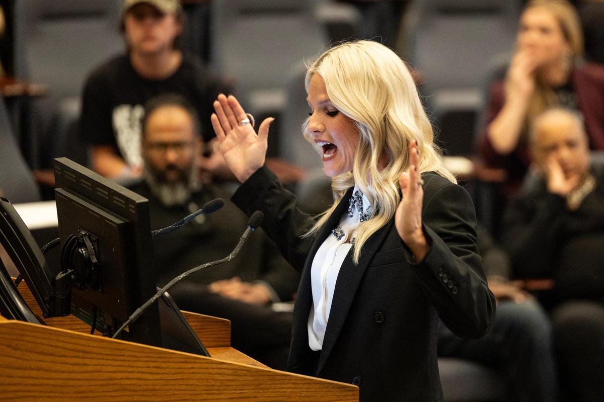 Heather Schott, the co-lead pastor of Mercy Culture Church, speaks to the council members advocating for the approval of a proposed human trafficking victim shelter during a city council meeting in Fort Worth on Tuesday, Oct. 10, 2024.