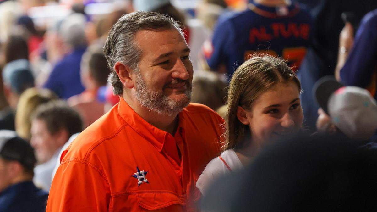 Nov 5, 2022; Houston, Texas, USA; Texas senator Ted Cruz poses for a photo during the third inning in game six of the 2022 World Series between the Houston Astros and the Philadelphia Phillies at Minute Maid Park. Mandatory Credit: Thomas Shea-USA TODAY Sports