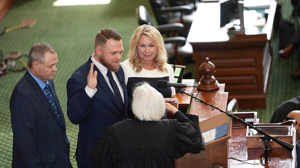 Sen. Taylor Rehmet, a Fort Worth Democrat, is sworn into office at the Texas Capitol on Feb. 19.
