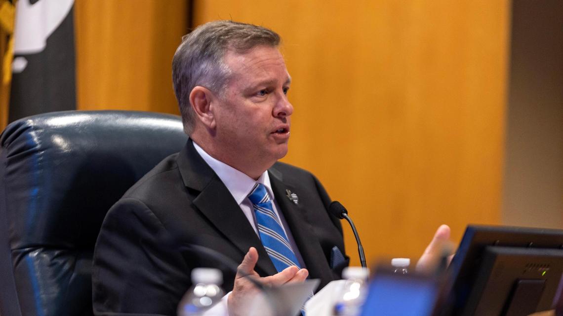 Tarrant County Judge Tim O’Hare speaks about the newly-created election integrity task force during Commissioners Court in Fort Worth on Tuesday, Feb. 21, 2023. O’Hare was one of three local leaders, along with Sheriff Bill Waybourn and District Attorney Phil Sorrells, that announced the task force on Feb. 7.