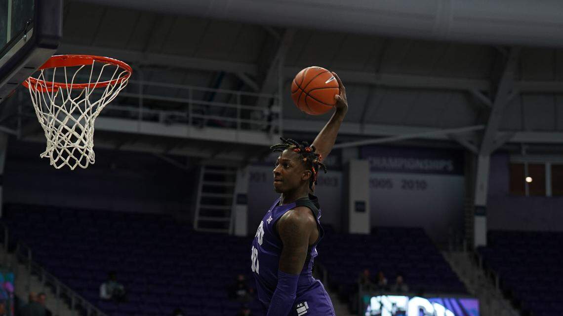 TCU’s Damion Baugh won the dunk contest during the team’s purple/white scrimmage on Wednesday night at Schollmaier Arena.