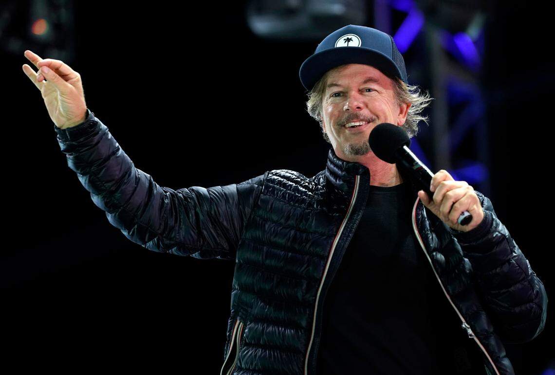 Comedian David Spade performs at “Comedy In Your Car” at the Ventura County Fairgrounds, Friday, Aug. 28. 2020, in Ventura, Calif. (AP Photo/Chris Pizzello)