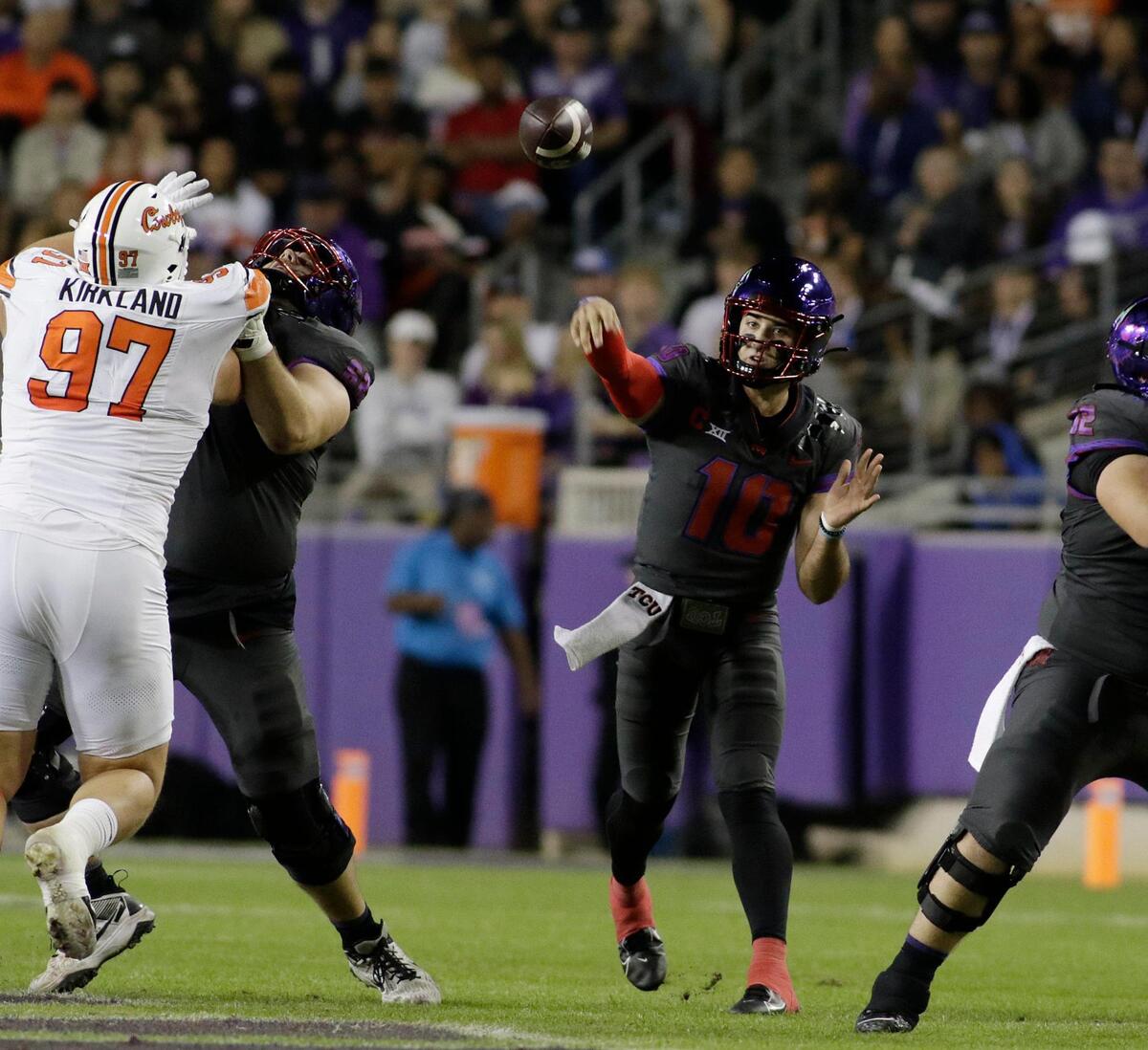TCU’s Josh Hoover throws a pass during a Big XII football game against Oklahoma State at Amon G. Carter Stadium on Saturday November 9, 2024.