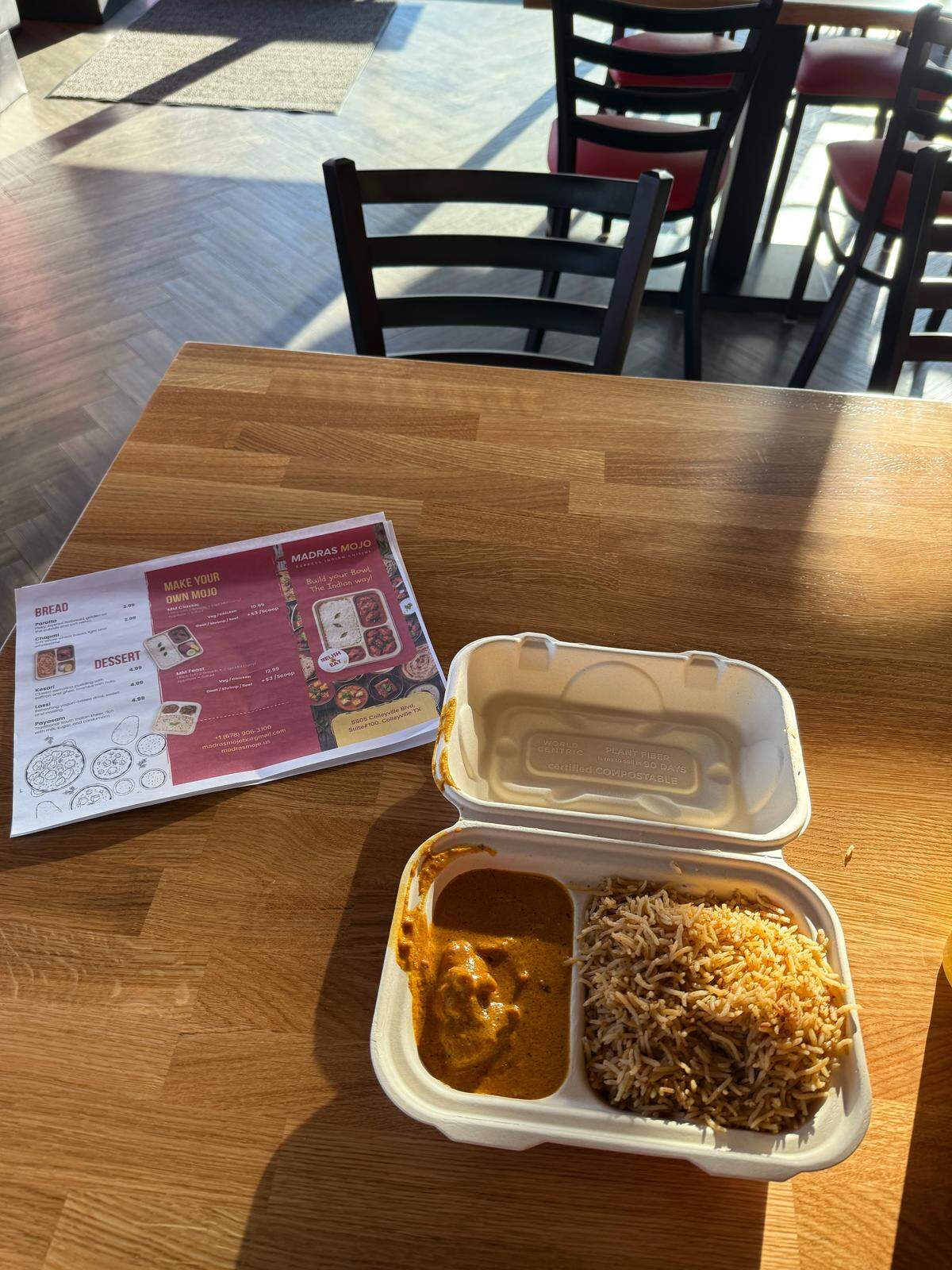 A serving of Kongu Biryani and butter chicken from Madras Mojo, a quick service Indian restaurant in Colleyville that opened Dec 24th.
