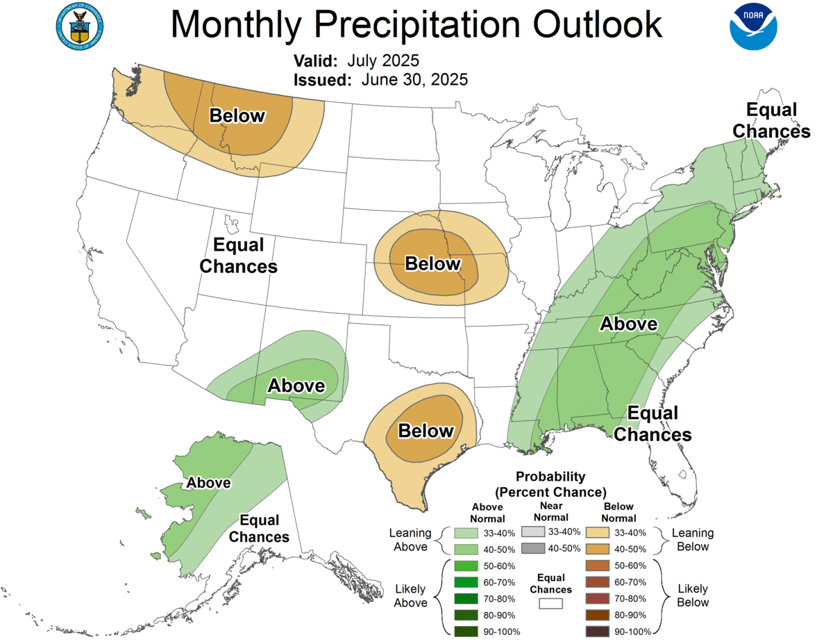 The monthly precipitation outlook for July 2025.