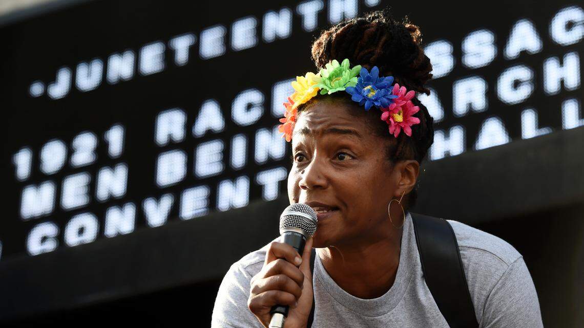 Actress/comedian Tiffany Haddish addresses the crowd at a Juneteenh forum on Friday, June 19, 2020 outside the Laugh Factory comedy club in Los Angeles. Juneteenth marks the day in 1865 when federal troops arrived in Galveston, Texas, to take control of the state and ensure all enslaved people be freed, more than two years after the Emancipation Proclamation.(AP Photo/Chris Pizzello)