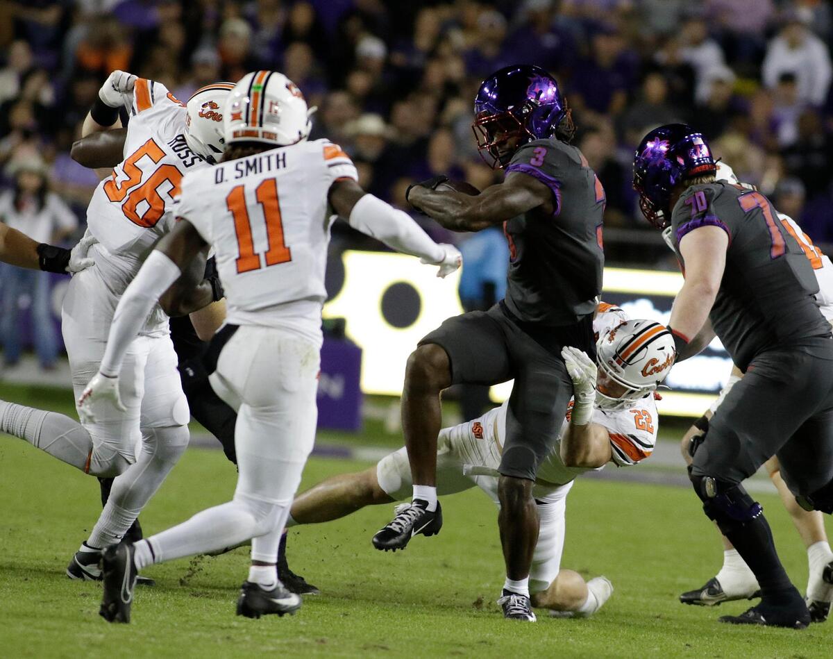 TCU’s Savion Williams breaks a tackle against Oklahoma State at Amon G. Carter Stadium on Saturday November 9, 2024.