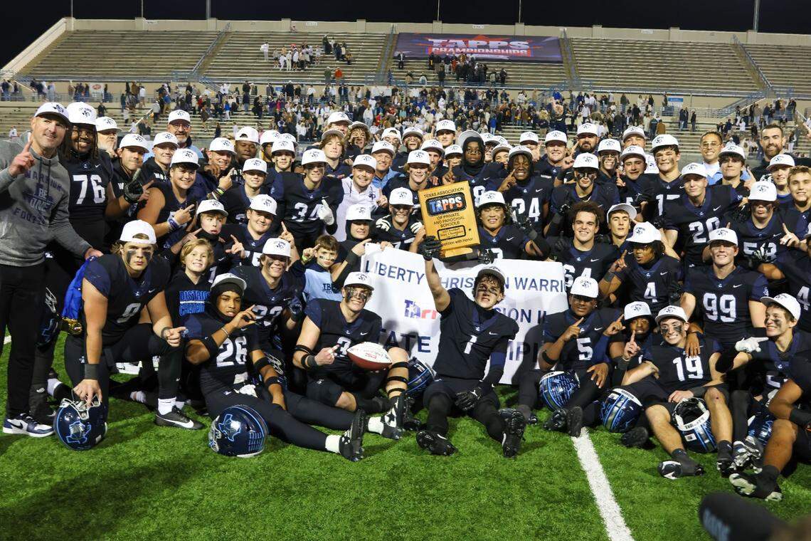 The Argyle Liberty Christian Warriors pose for a photo after a TAPPS D2 State Championship win.