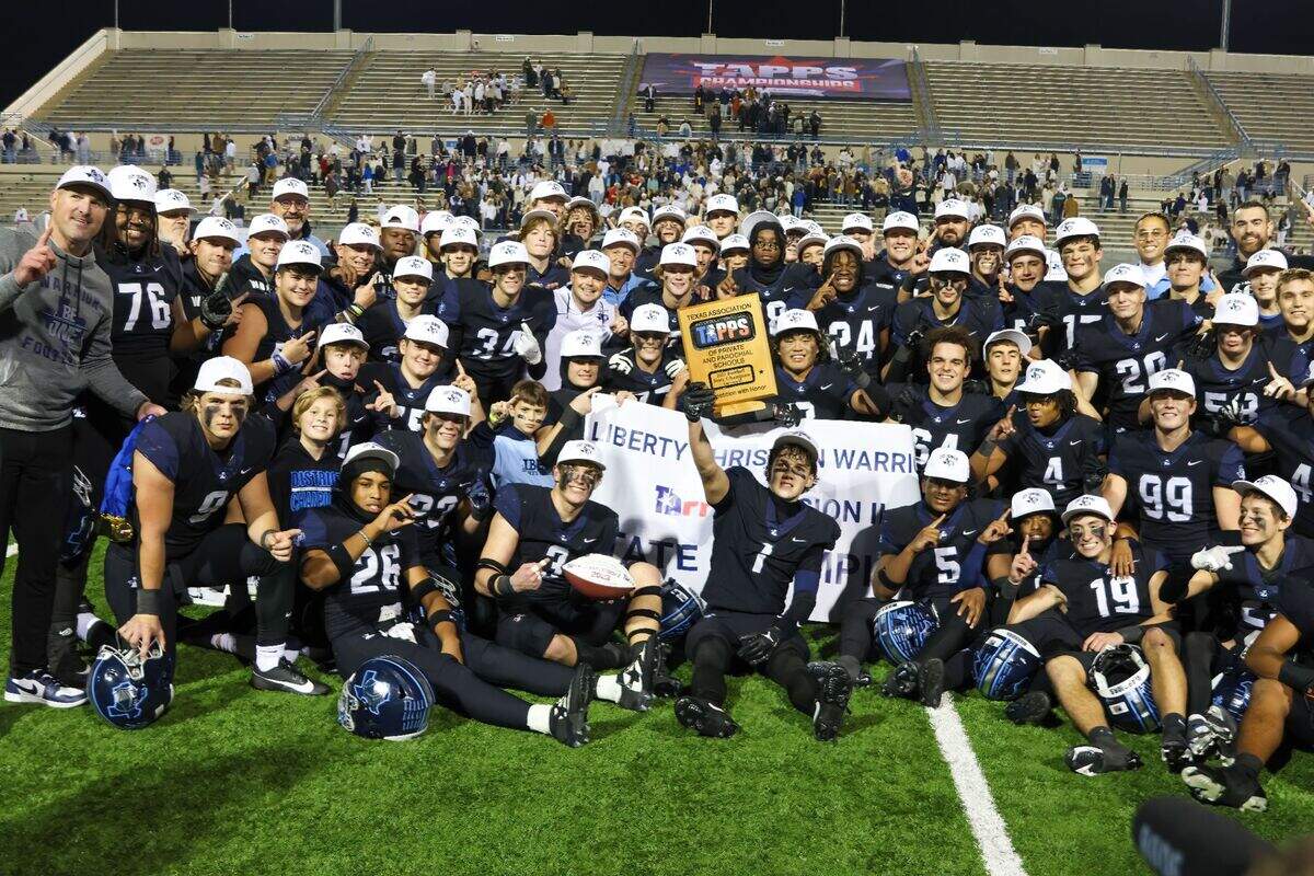 The Argyle Liberty Christian Warriors pose for a photo after a TAPPS D2 State Championship win.