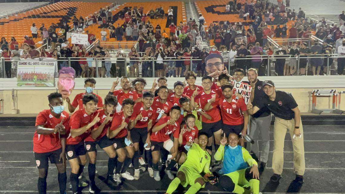 Fort Worth Diamond Hill-Jarvis boys soccer team defeated Mineral Wells 2-1 in overtime to clinch the program’s first state semifinal berth, Friday April 9, 2021 at Aledo High School.