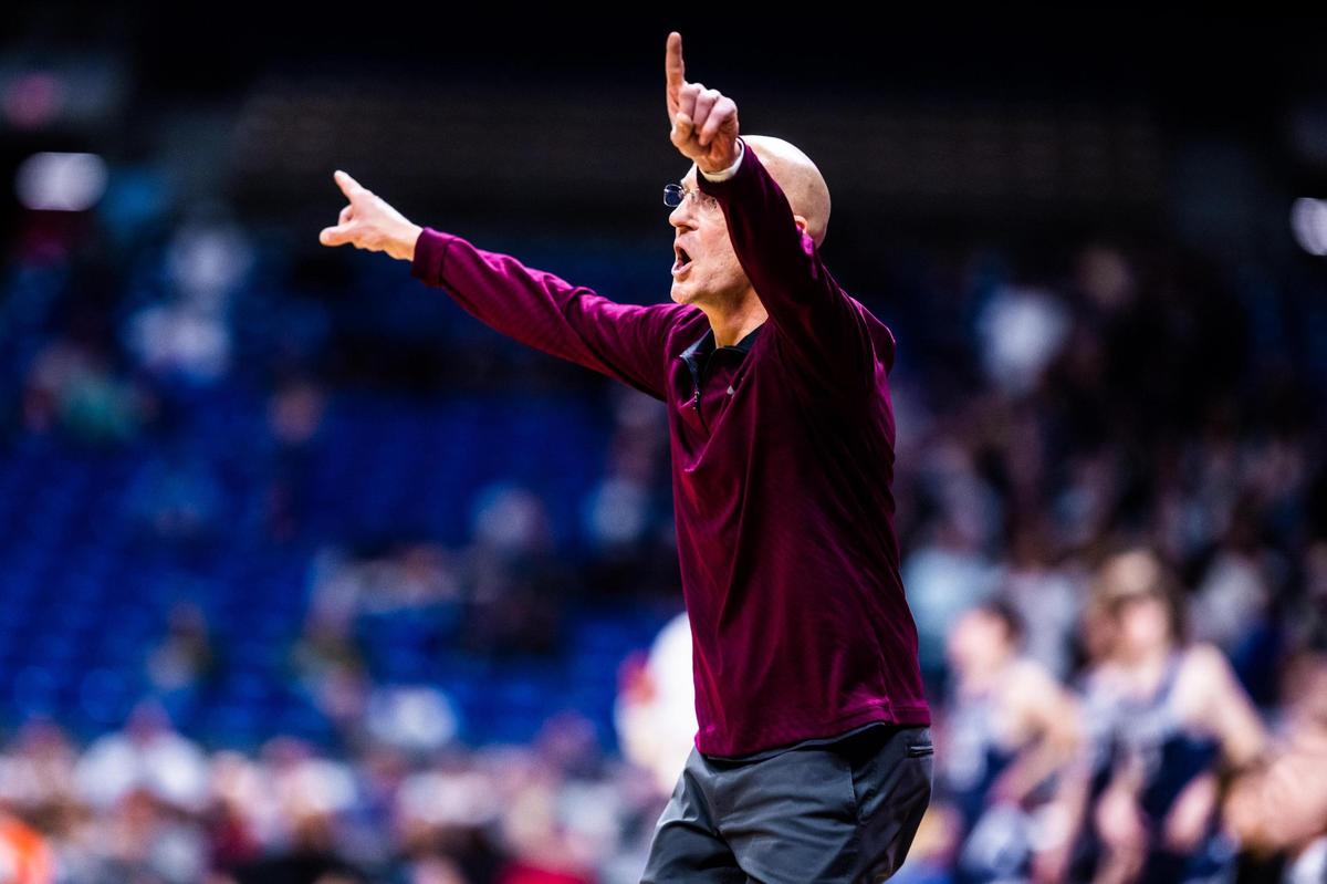 Timberview head coach Duane Gregory calls to his players during the 5A state semifinal game between Mansfield Timberview and Boerne Champion in San Antonio, at the Alamodome, on March 10, 2022. Timberview went on to win 55-43.