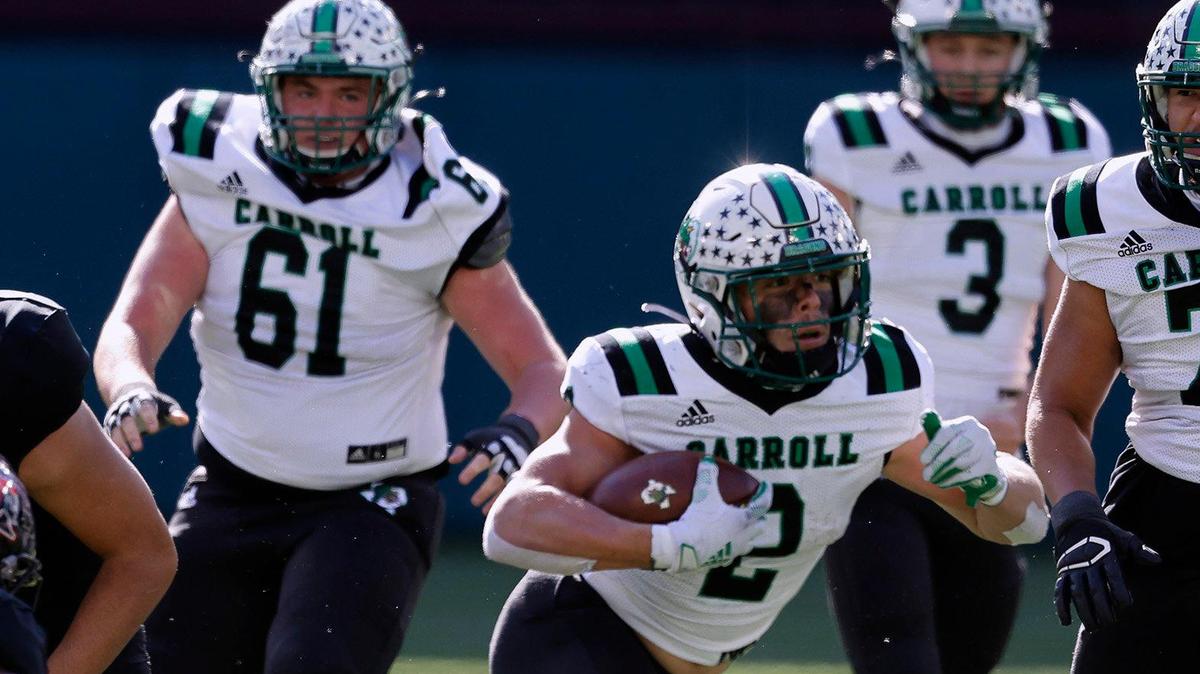 Southlake’s Owen Allen cuts back to the outside during the 6A division 1 quarterfinals at Globe Life Park in Arlington, Texas, Saturday, Jan. 02, 2021. Southlake defeated Trinity 59-35.