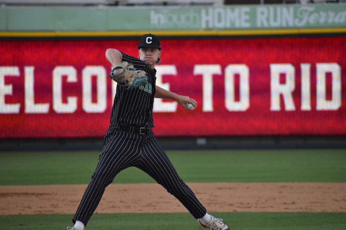Southlake Carroll pitcher Jack Fuller sends in a pitch at Rough Rider Field in Frisco on Friday, May 9, 2025.