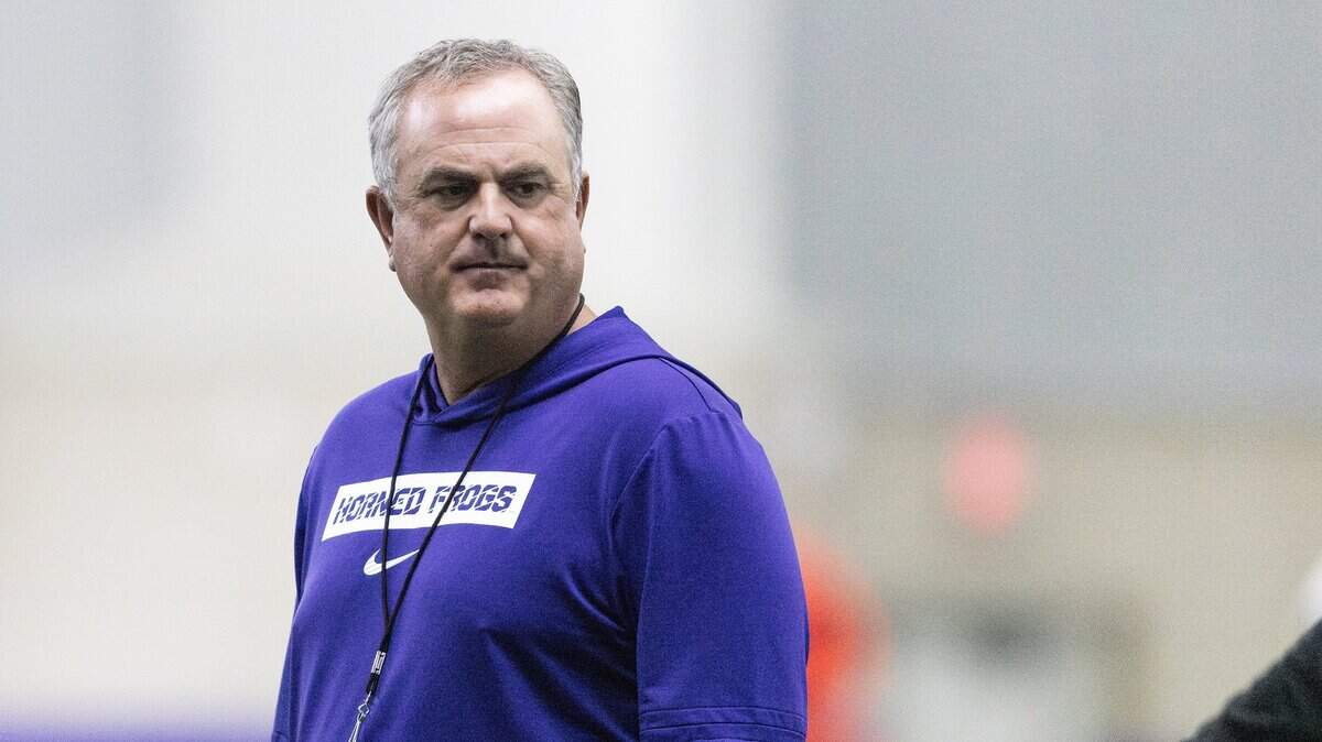 TCU Head Coach Sonny Dykes surveys the team during a team practice at the Sheridan & Clif Morris Football Practice Fields on TCU campus on Wednesday, Aug. 20, 2025.