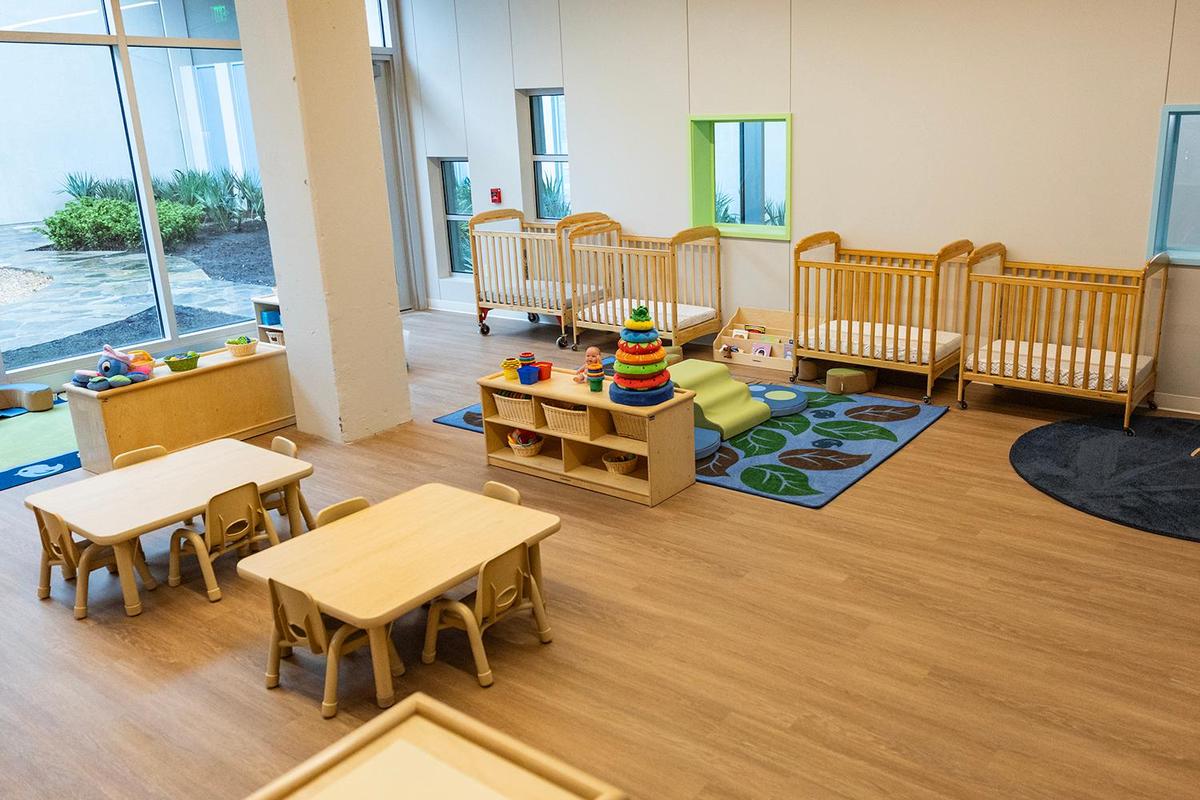 One of the infant classrooms in the Child Development Center of the Center for Transforming Lives’ new Riverside Campus in the Morningside neighborhood of Fort Worth on May 2, 2025.