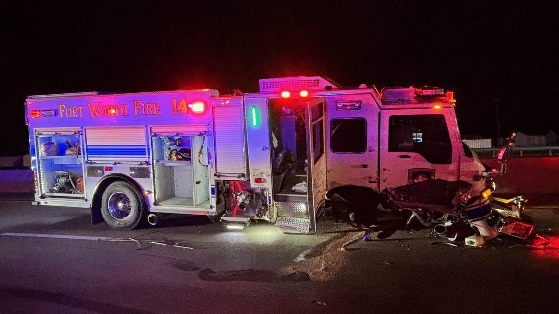 Fort Worth Engines 5 and 14 responded to a crash at the 287 interchange when a northbound truck hit Engine 14, officials said. Fort Worth Engines 5 and 14 responded to a crash at the 287 interchange when a northbound truck hit Engine 14, officials said.