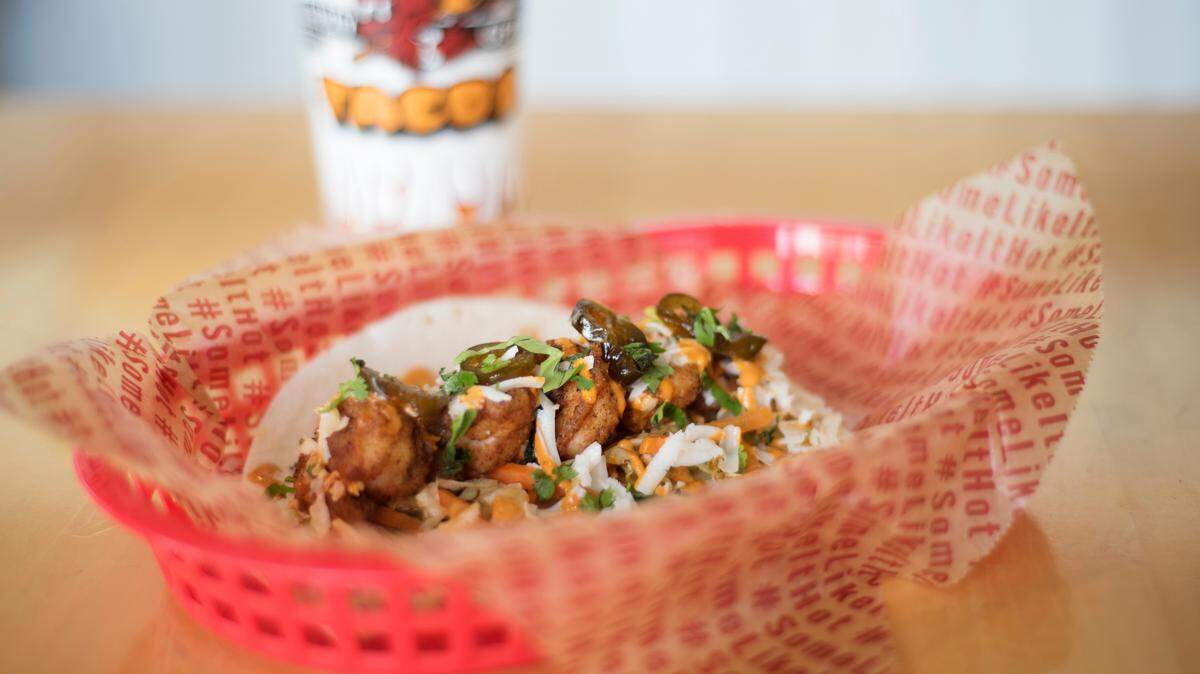 ‘Bottle Rocket Shrimp,’ featuring habanero-battered fried shrimp, candied jalapeños and more, served with Diablo Mayo. Available Aug. 6-31 as part of the spicy ‘Some Like it Hot’ promotion at Torchy’s Tacos.