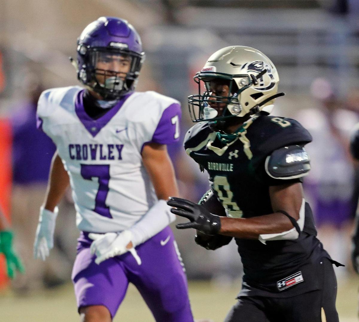 Birdville running back Gracien Anto (8) puts the Hawks first points on the board during a high school football game at Birdville FAAC in North Richland Hills, Texas, Friday, Oct. 09, 2020. Birdville defeated Crowley 21-14. (Special to the Star-Telegram Bob Booth)