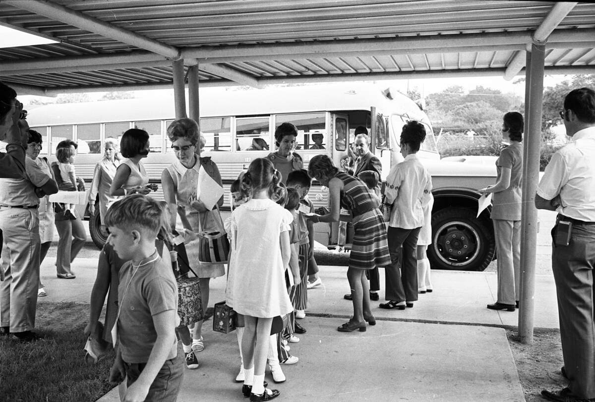 Aug. 30, 1971: School time again at Rosedale Park Elementary and the first yellow school bus brought these children. Teachers and parents and administration officials were on hand to give directions and assistance. Only the usual first morning confusion made short delays in school openings.