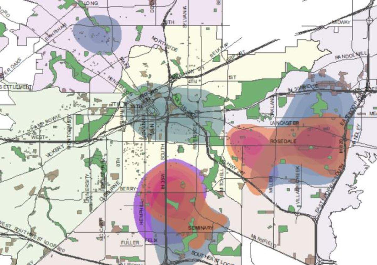 A map produced by the Fort Worth Police Department displays violent crime hot spots.