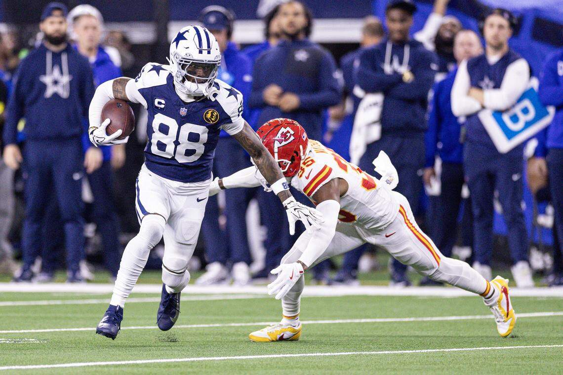 Cowboys wide receiver CeeDee Lamb (88) catches a pass in the second half of an NFL game between the Dallas Cowboys and the Kansas City Chiefs at AT&T Stadium in Arlington on Thursday, Nov. 27, 2025.