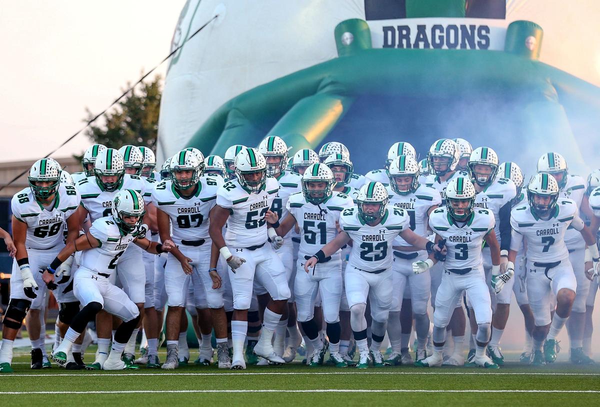The Southlake Carroll Dragons enter the field to face the Keller Indians, Thursday night, September 28, 2018 played at Keller ISD Stadium in Keller, TX.