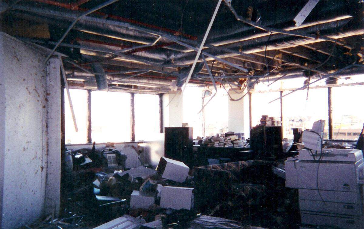 Photos of Mallick Tower after a tornado swept through downtown Fort Worth on March 28, 2000.
