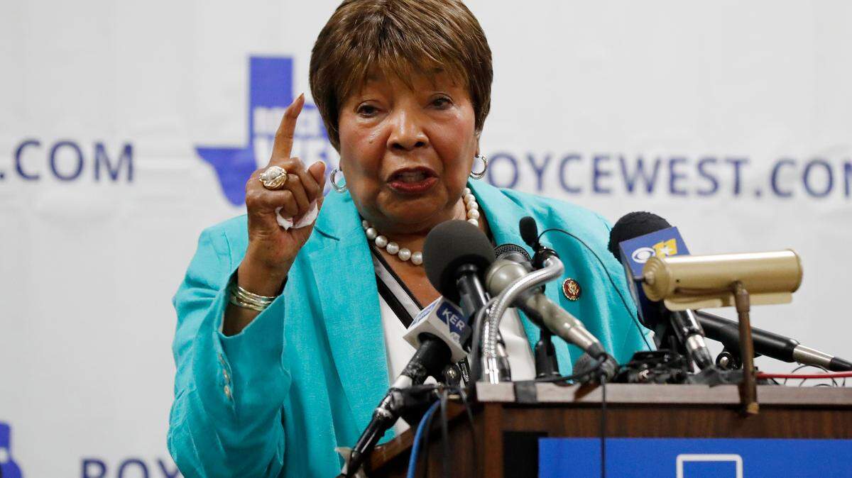 FILE - U.S. Rep. Eddie Bernice Johnson, D-Texas, introduces state Sen. Royce West at a rally where West announced his bid to run for the U.S. Senate, in Dallas, Monday, July 22, 2019. Johnson, a nurse from Texas who helped bring hundreds of millions of federal dollars to the Dallas area as the region’s most powerful Democrat, died Sunday, Dec. 31, 2023. She was 88. (AP Photo/Tony Gutierrez, File)