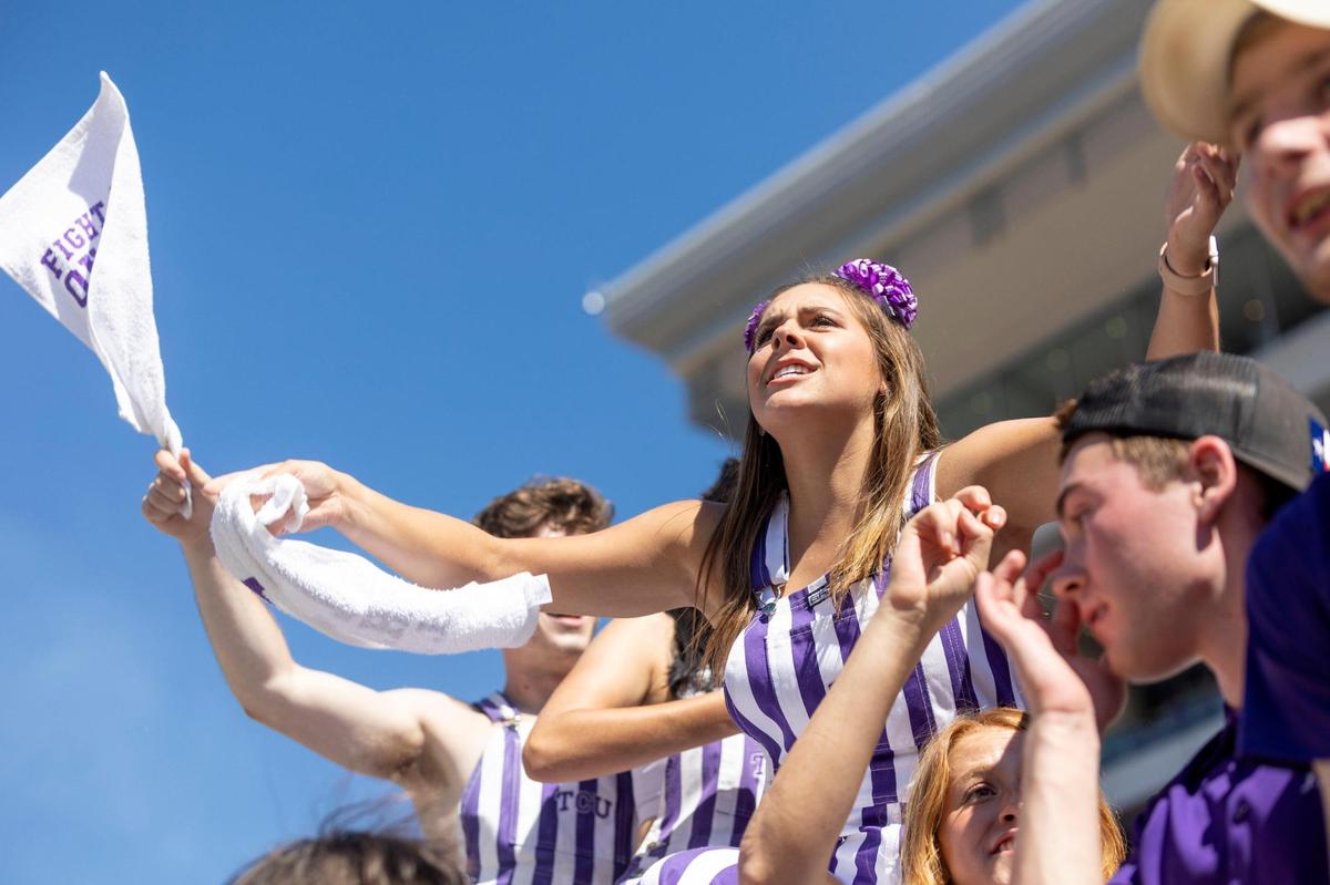 TCU fans react to a referee call during their game against OU at the Amon G. Carter Stadium in Fort Worth, Texas, on Saturday, Oct. 1, 2022.
