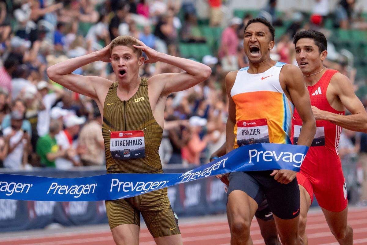 Donavan Brazier, right, wins the men's 800 meters ahead of Cooper Lutkenhaus during day four of the USATF Outdoor & Para National Championships at Hayward Field in Eugene, Ore. on Aug. 3, 2025. Lutkenhaus set the U18 world record in the race.