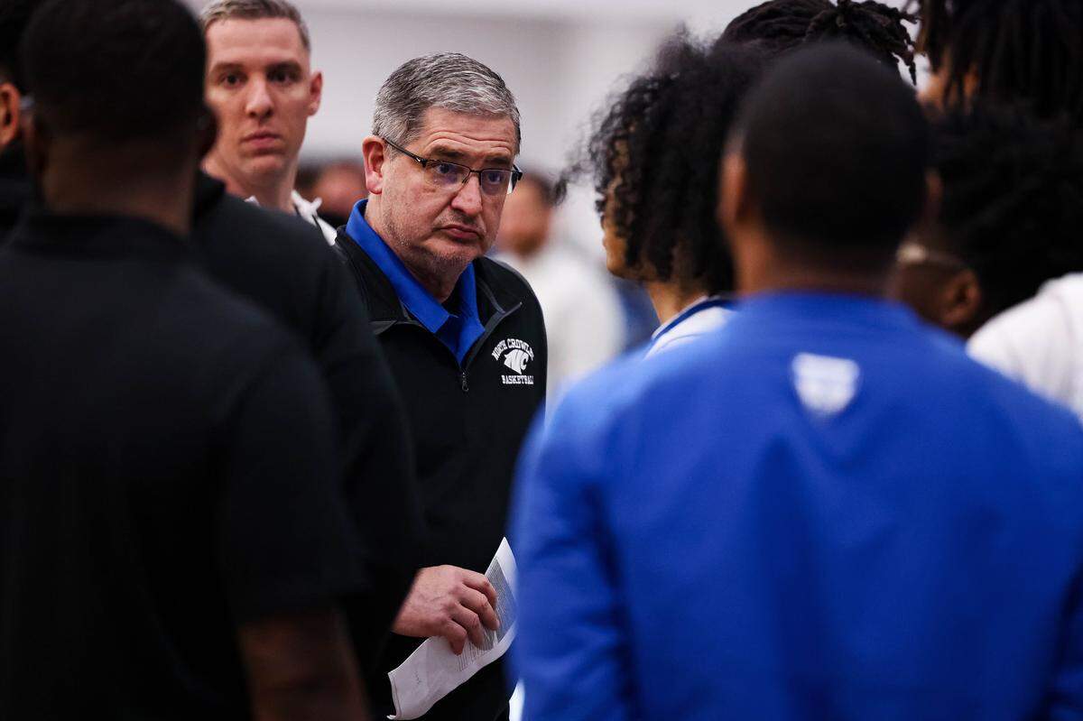 North Crowley head coach Tommy Brakel talks to his team before a District 3-6A matchup against Weatherford on Friday at North Crowley.
