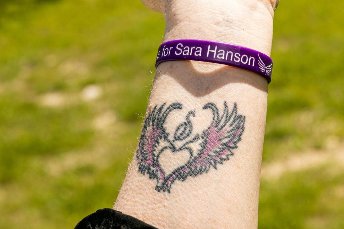Tricia Hanson has a tattoo on her arm in memory of her daughter, Sara, who was shot to death in August 2020 by her boyfriend, Garrett Benson, in their hotel room in Bossier City, Louisiana.