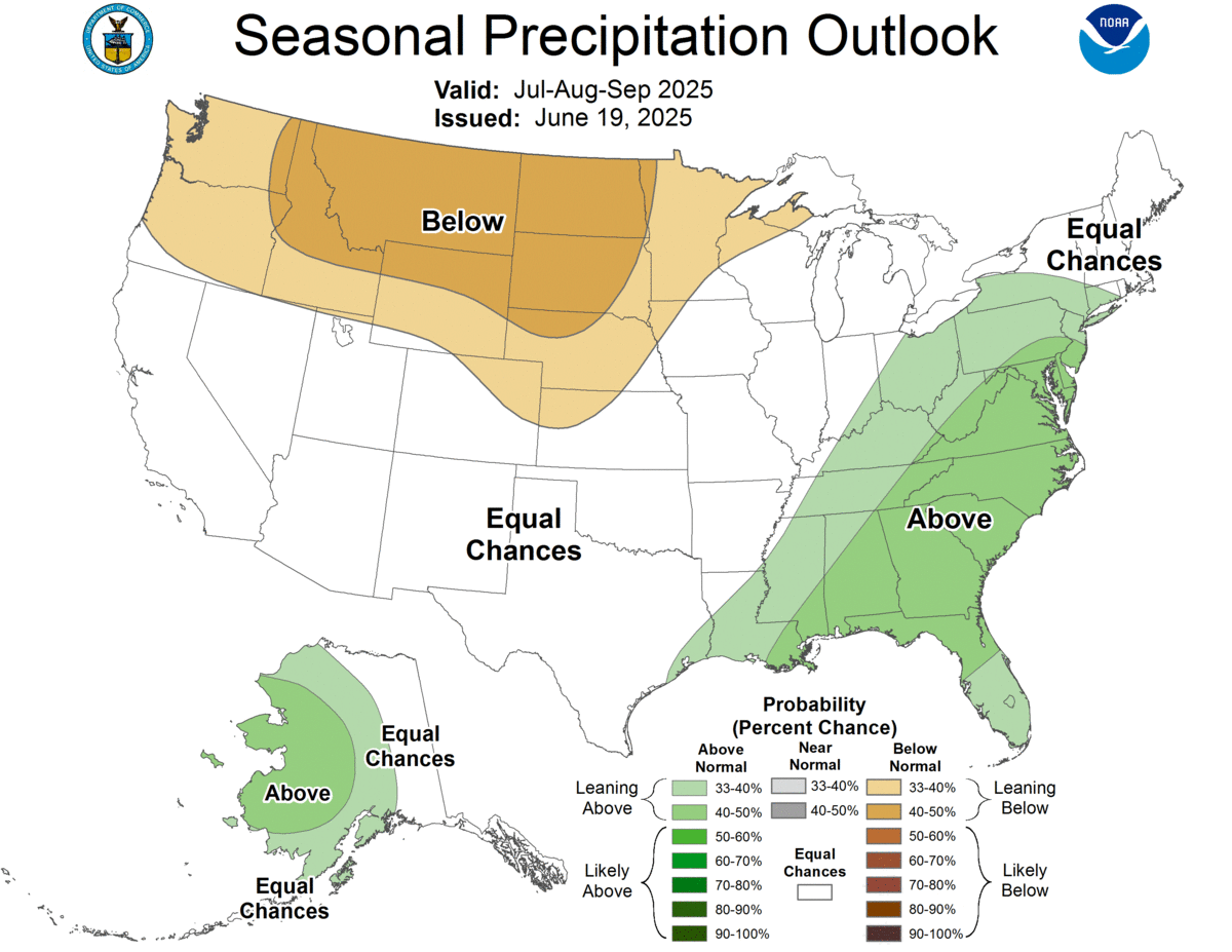 The seasonal precipitation outlook for July through September.