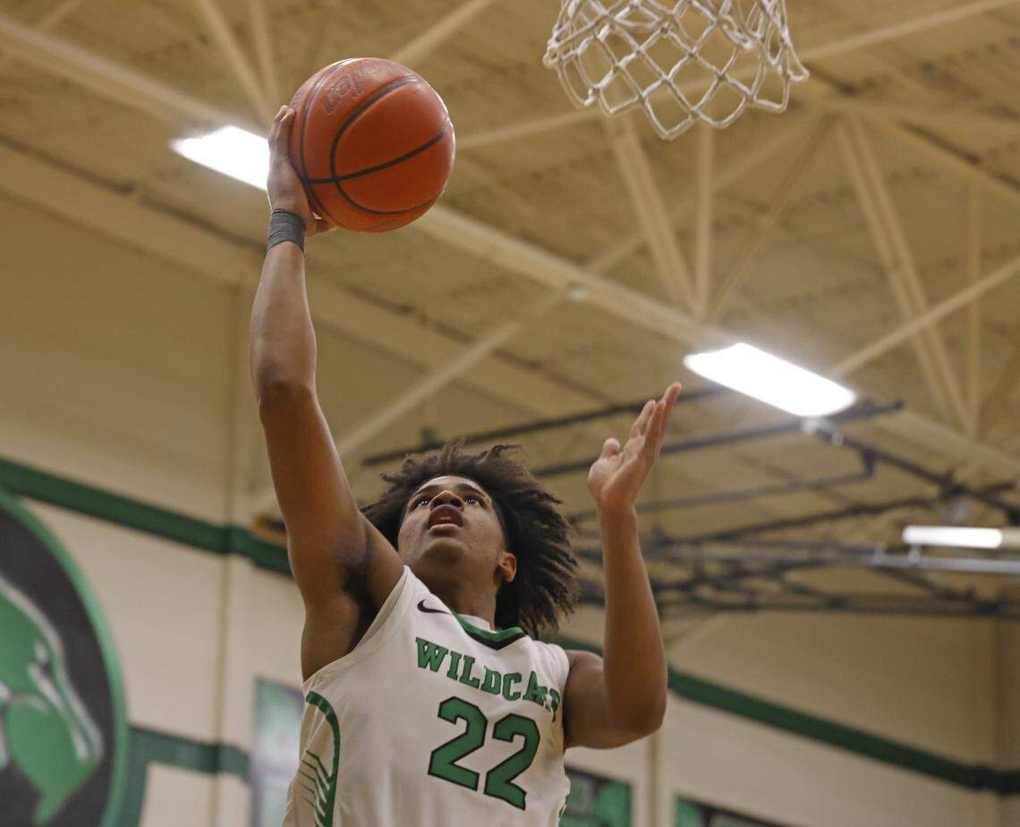 Kennedale Bryson Nickerson (22) drops in a right handed layup during the first half of a UIL boys basketball game between Alvarado and Kennedale at Kennedale High School in Kennedale, Texas, Tuesday Jan. 13, 2026