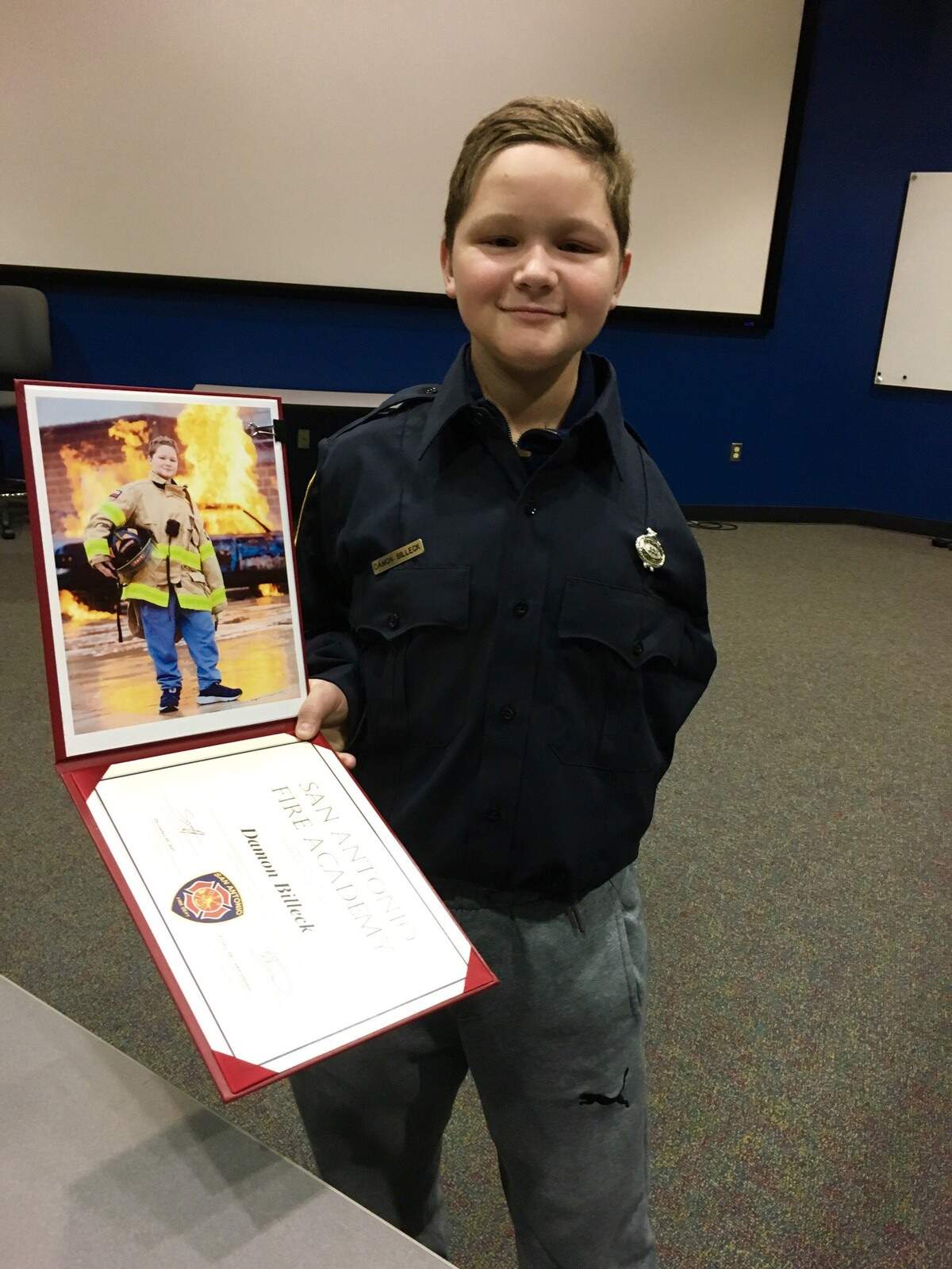 Damon Billeck, a 13-year-old Texan battling bone cancer, is an honorary firefighter in his hometown of San Antonio and in Houston, where he is being treated at the M.D. Anderson Cancer Center.