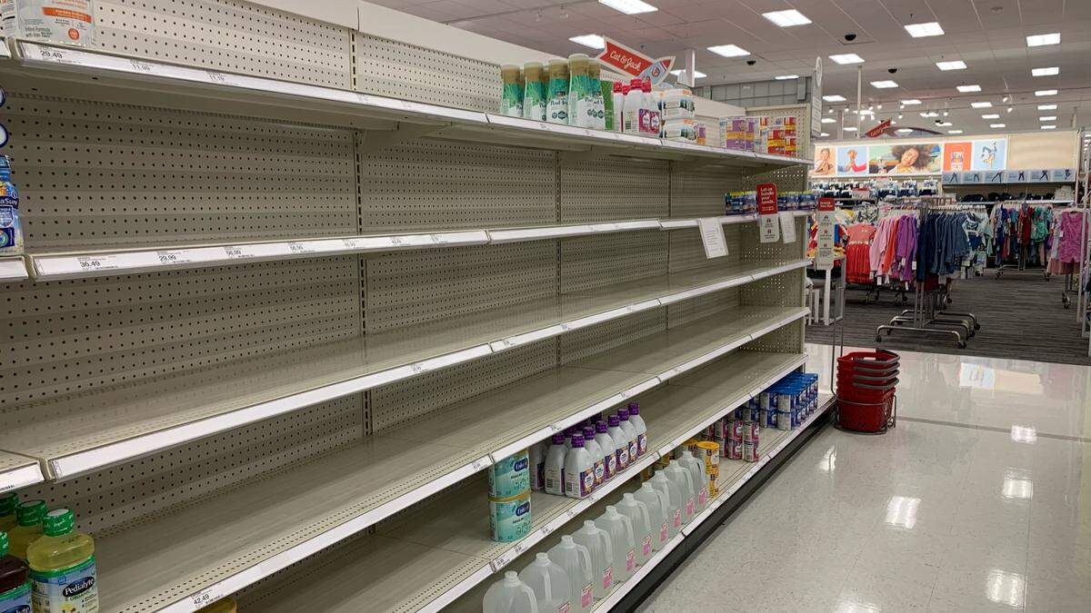 Baby formula shelves at the West 7th Street Target store in Fort Worth are mostly bare.