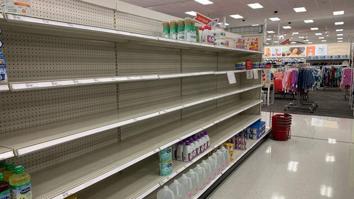 Baby formula shelves at the West 7th Street Target store in Fort Worth are mostly bare.