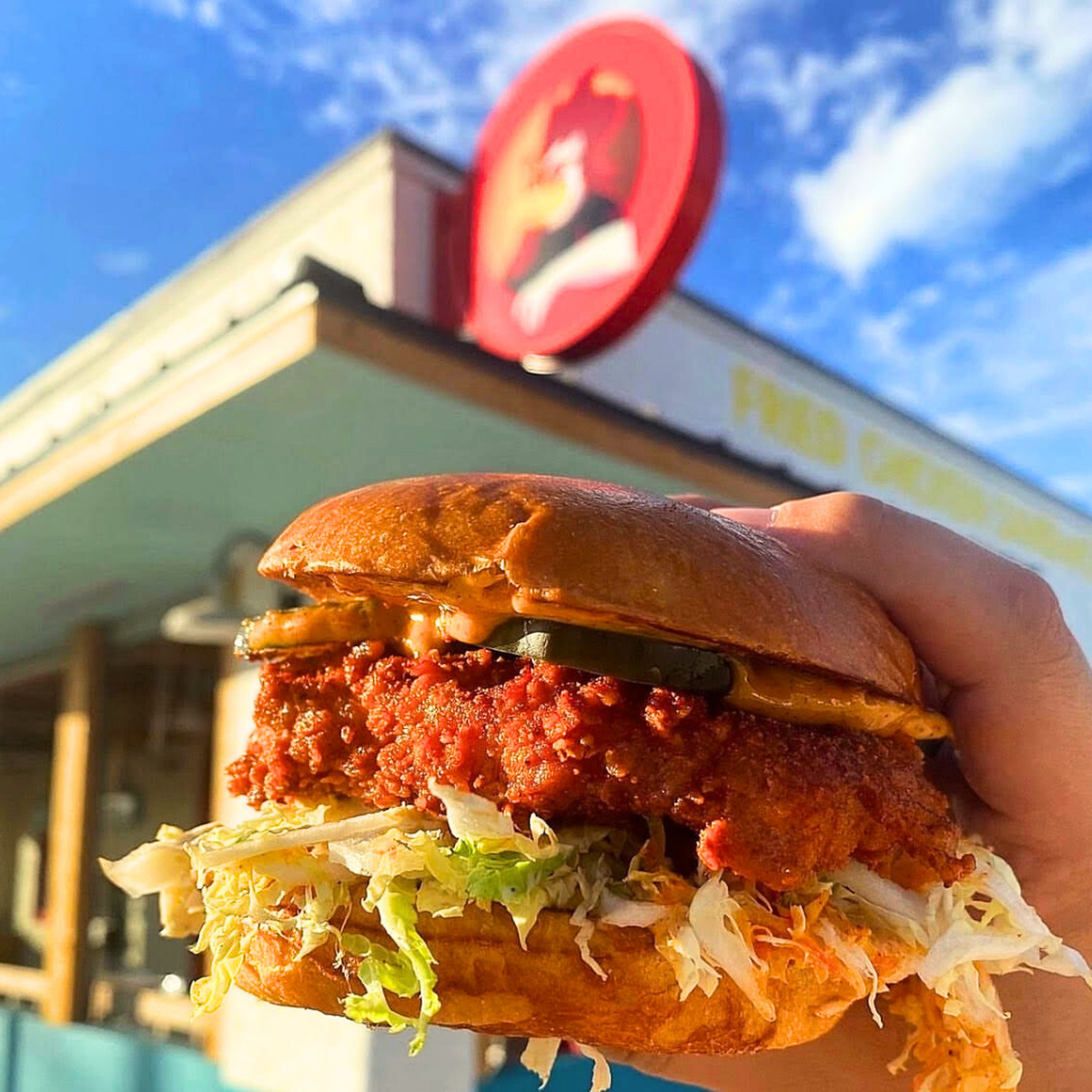 Daddy’s Chicken Shack’s Nashville hot chicken sandwich. Slaw, house-made pickles, with remoulade sauce served on a brioche bun. for $8.45.