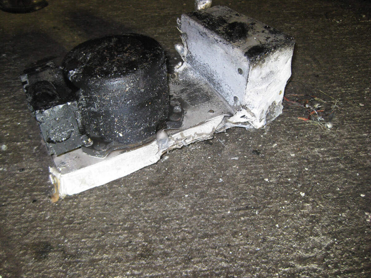 In this photo taken Sunday, June 30 2019 in Addison, TX is the cockpit voice recorder from a Beechcraft BE-350 that crash into a hangar at Addison Airport shortly after takeoff.