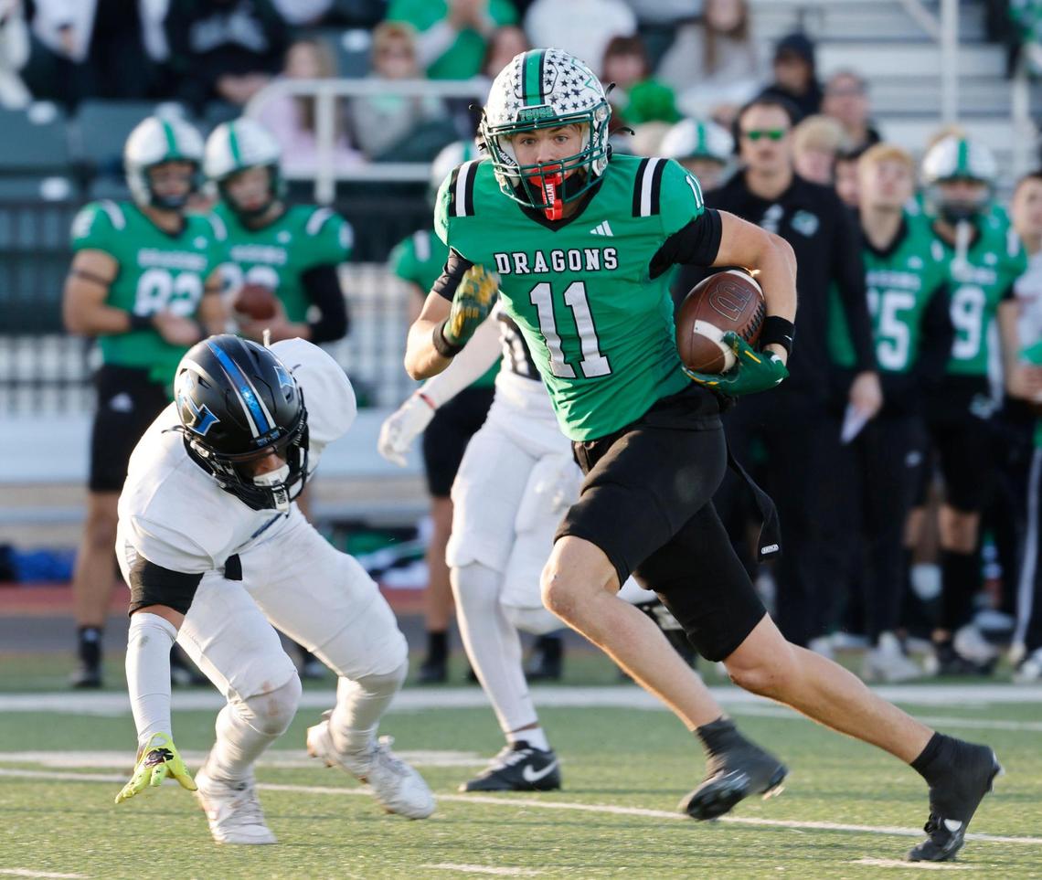 Southlake wide receiver Brock Boyd (11) gains yards after the catch during the UIL District 6A D2 Regional Semi-Finals football game at Joy and Ralph Ellis Stadium in Irving, Texas, Nov. 29, 2024.