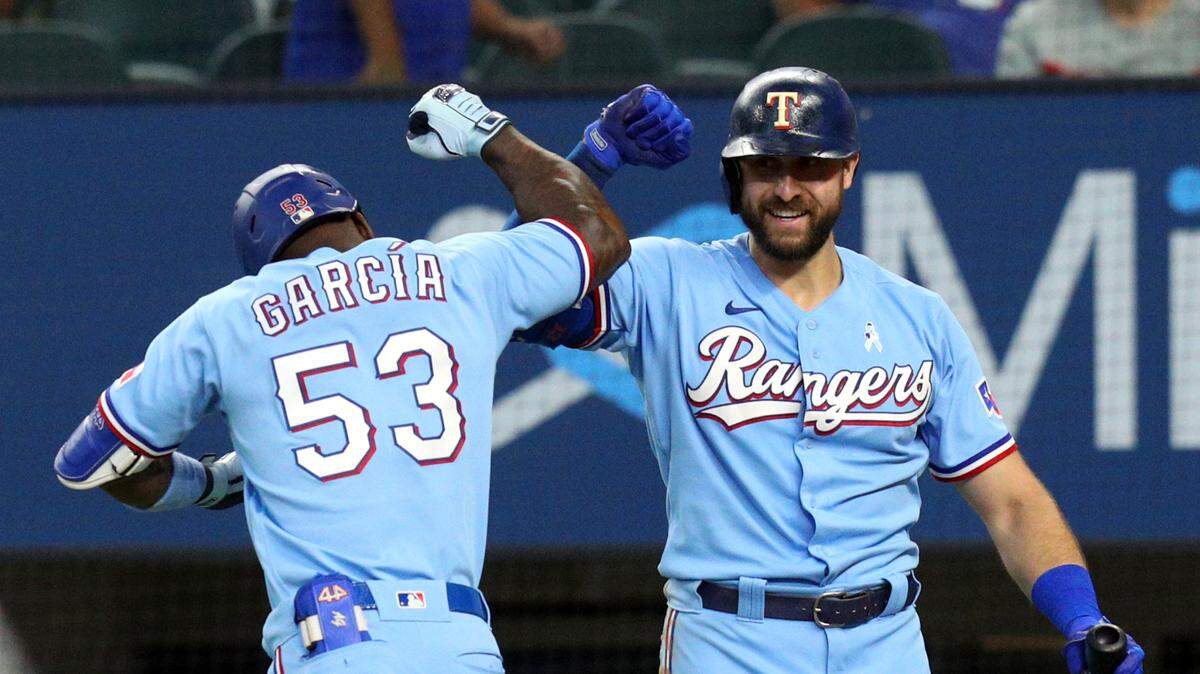 Texas Rangers slugger Joey Gallo, right, greeting Adolis Garcia after Garcia hit a home run Sunday, says MLB’s crackdown on pitchers using illegal substances is good for the game. “Offense is what people want to see,” he said.