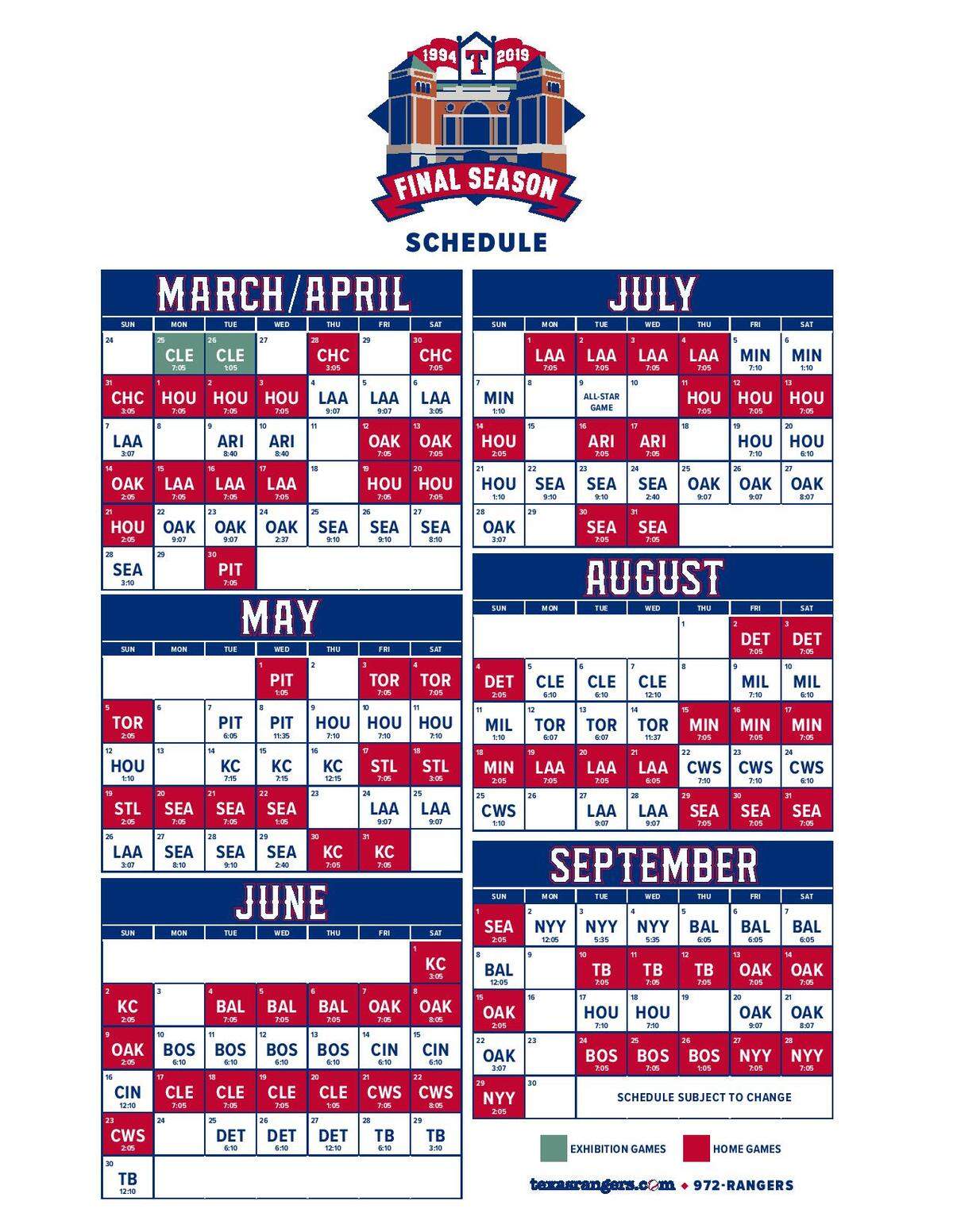 The Texas Rangers’ 2019 schedule