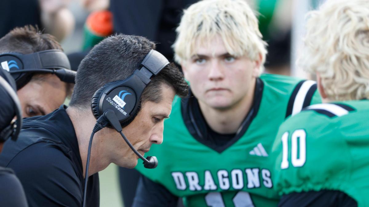 Southlake Carroll head coach Riley Dodge talks to the offense during the Class 6A Division II state semifinal against Longview on Dec. 14, 2024, at Gerald J. Ford Stadium in Dallas.