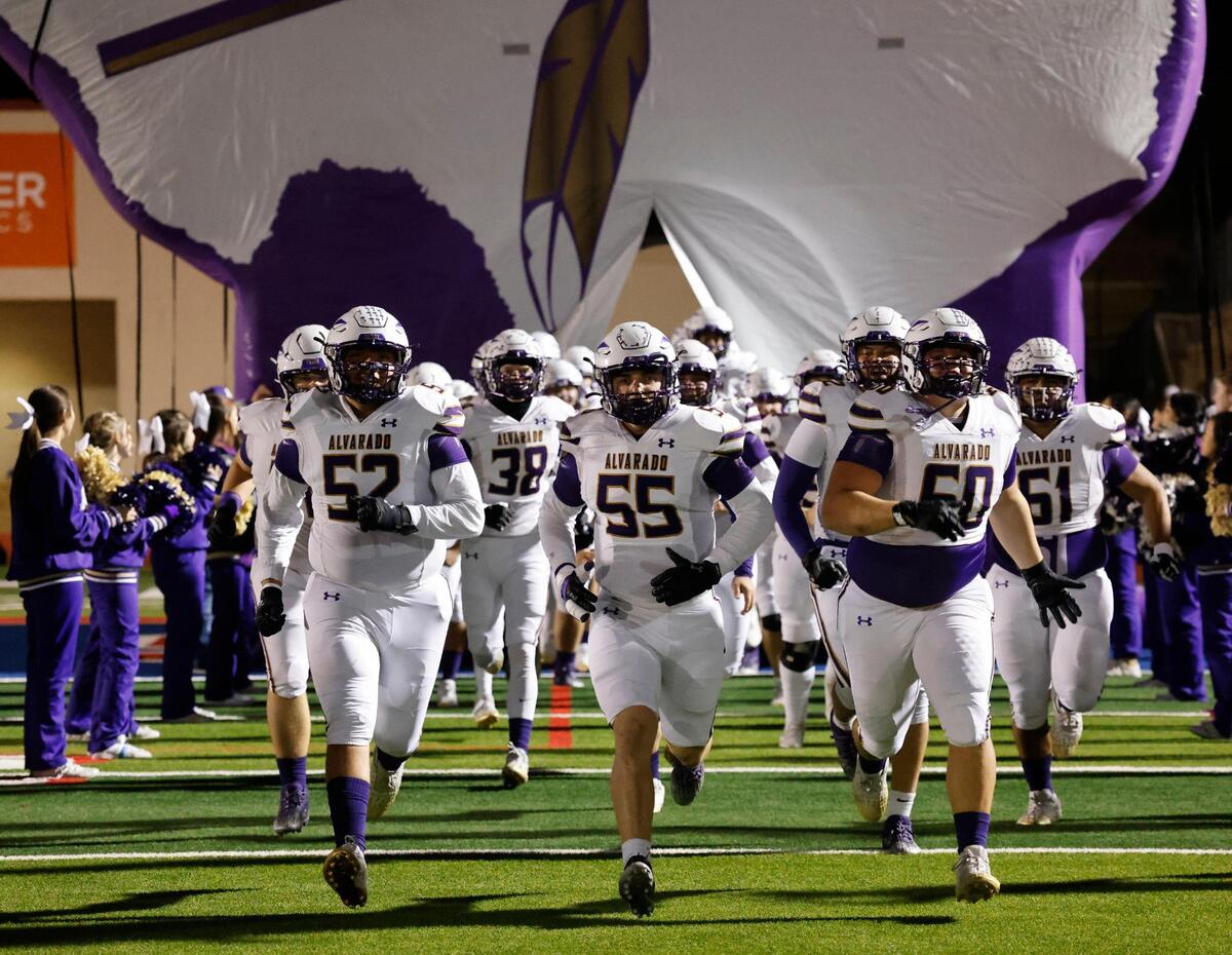 The Indians enter the field for the UIL 4A D1 Quarterfinals at Mustang-Panther Stadium in Grapevine, Texas, Friday, Dec. 06, 2024.