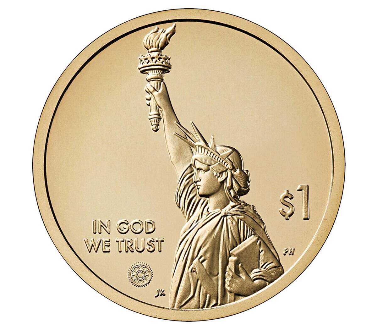 The heads side of a new $1 coin honoring American innovation features an image of the Statue of Liberty and the words “In God We Trust.”