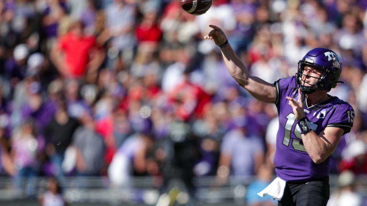 TCU quarterback Max Duggan passes the ball during their game against Texas Tech on Saturday, Nov. 5, 2022, at the Amon G. Carter Stadium in Fort Worth.